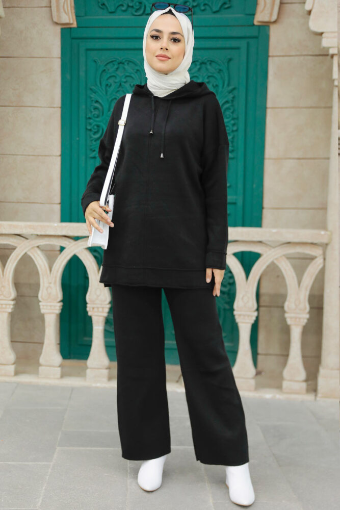 Neva Style - Kapşonlu Siyah Tesettür Triko İkili Takım 25030S - 1
