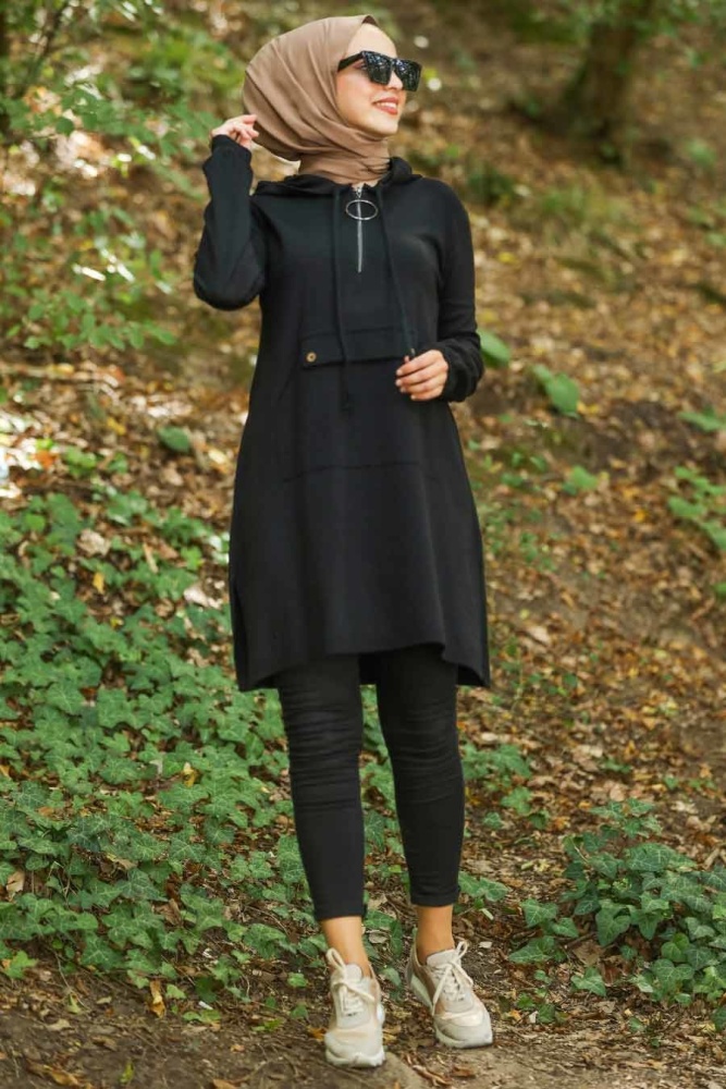 Neva Style - Kapşonlu Siyah Tesettür Triko Tunik 14606S - 1