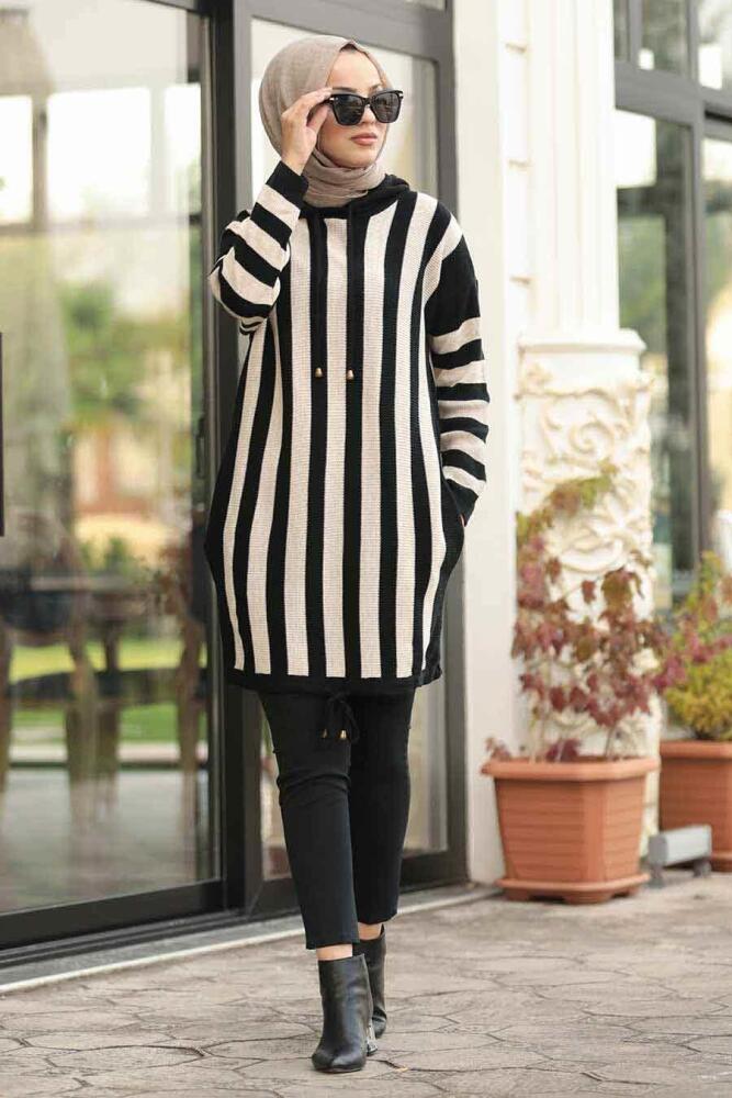 Neva Style - Kapşonlu Siyah Tesettür Triko Tunik 20641S - 1