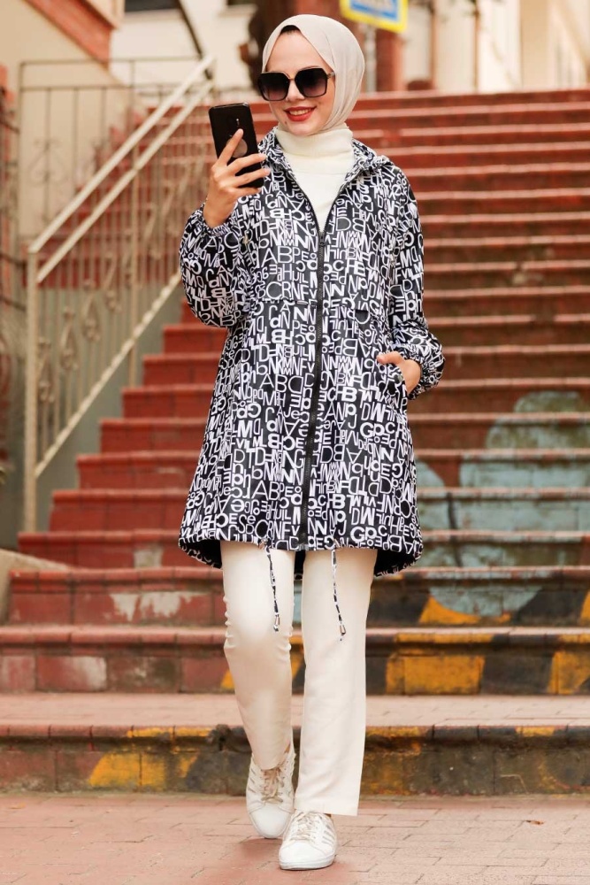 Neva Style - Kapşonlu Siyah Tesettür Yağmurluk Kap 8921S - NEVA STYLE