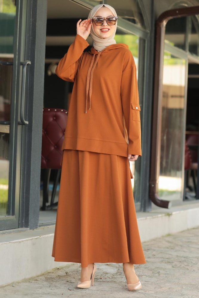 Neva Style - Kapşonlu Taba Tesettür İkili Takım 1291TB - 1