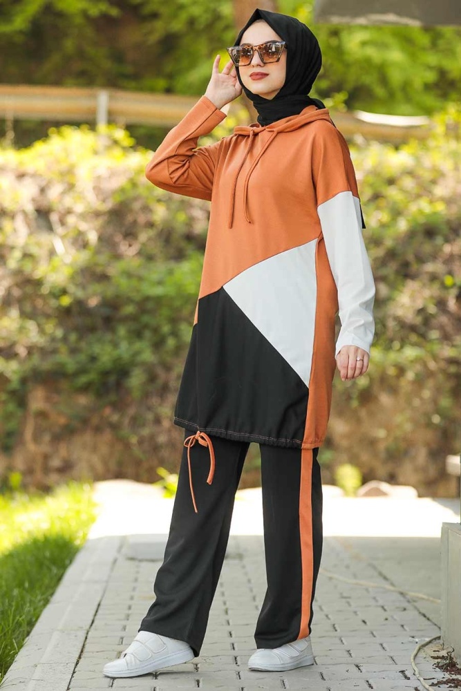 Neva Style - Kapşonlu Taba Tesettür İkili takım 61490TB - 1