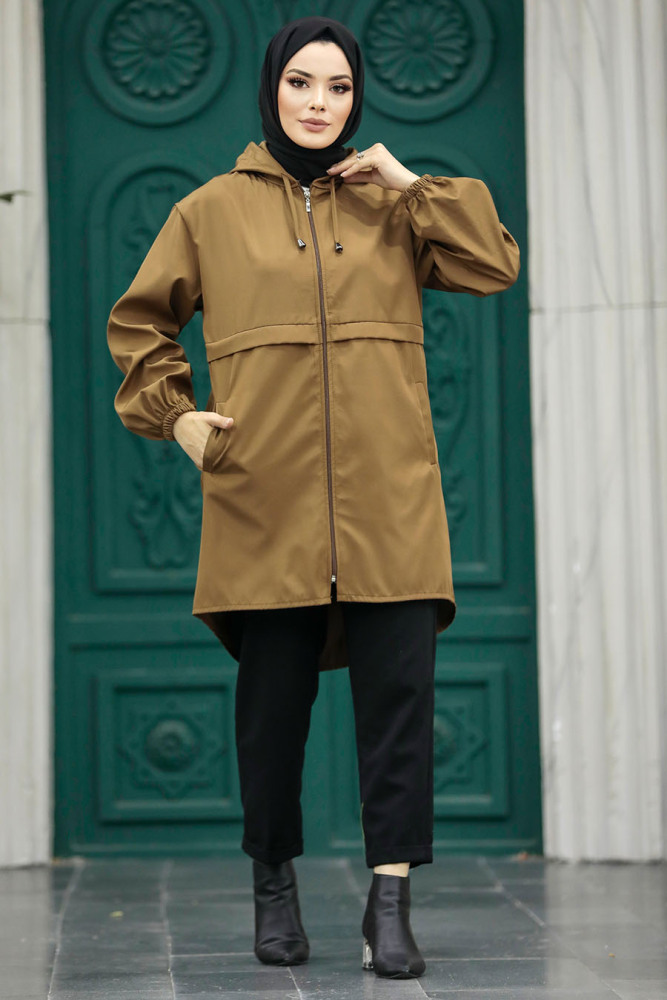 Neva Style - Kapşonlu Taba Tesettür Kap 5957TB - 1