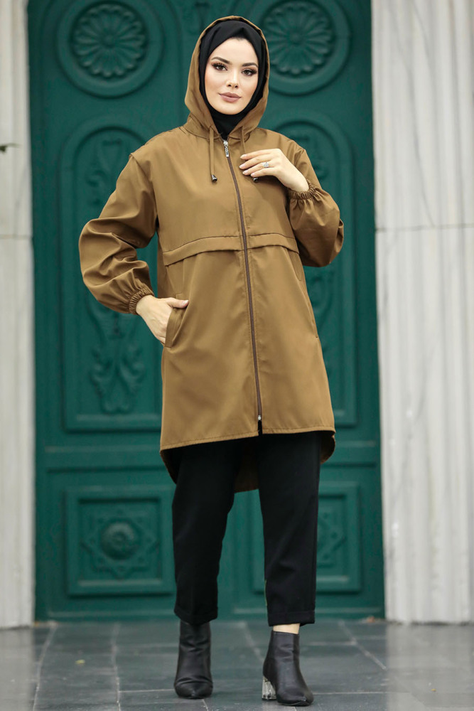 Neva Style - Kapşonlu Taba Tesettür Kap 5957TB - 2