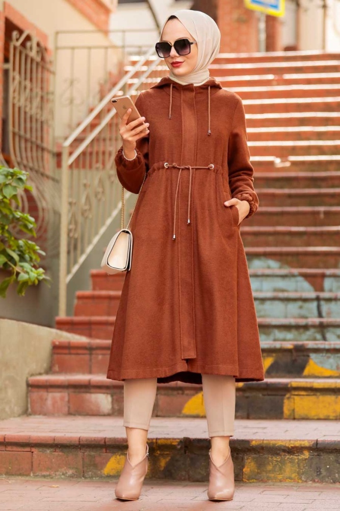 Neva Style - Kapşonlu Taba Tesettür Kaşe Kap 5578TB - 2