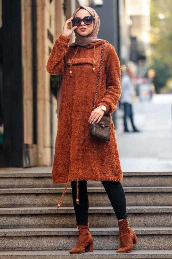Neva Style - Simli Sakallı Örme Taba Tesettür Tunik 5969TB - 1