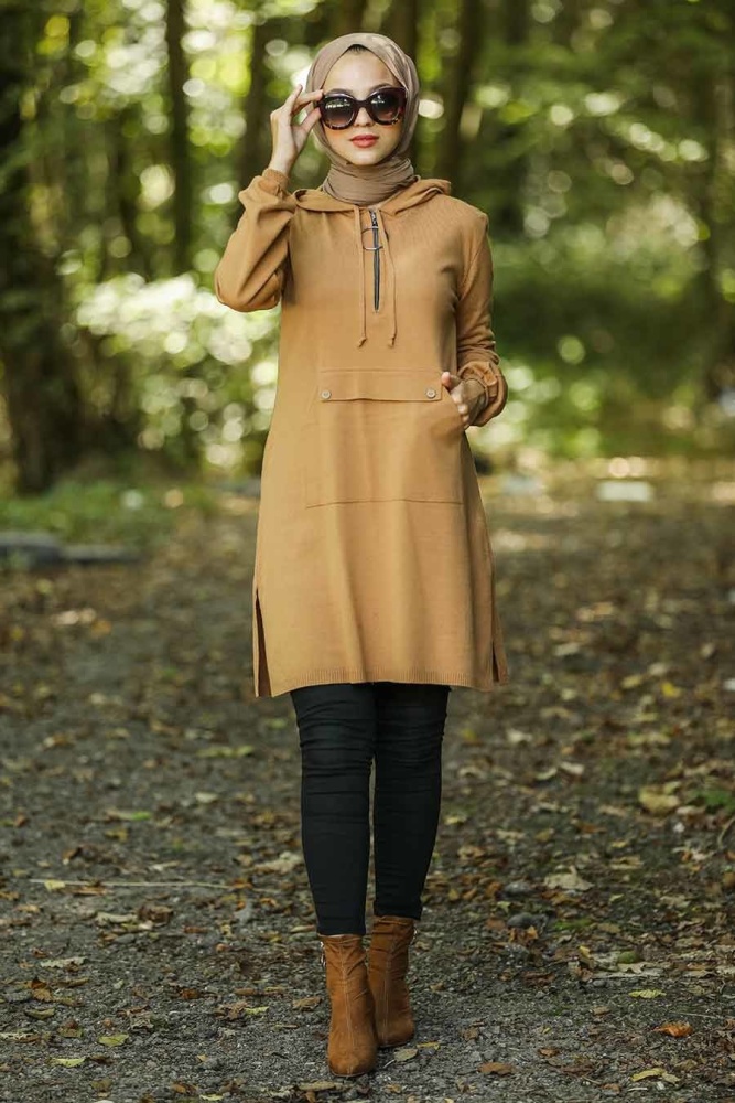 Neva Style - Kapşonlu Taba Tesettür Triko Tunik 14606TB - 1