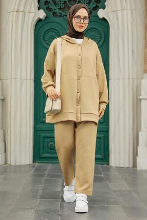 Neva Style - Kapşonlu Vizon Tesettür Scuba Krep İkili Takım 7690V - 1