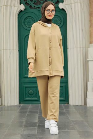 Neva Style - Kapşonlu Vizon Tesettür Scuba Krep İkili Takım 7690V - 2