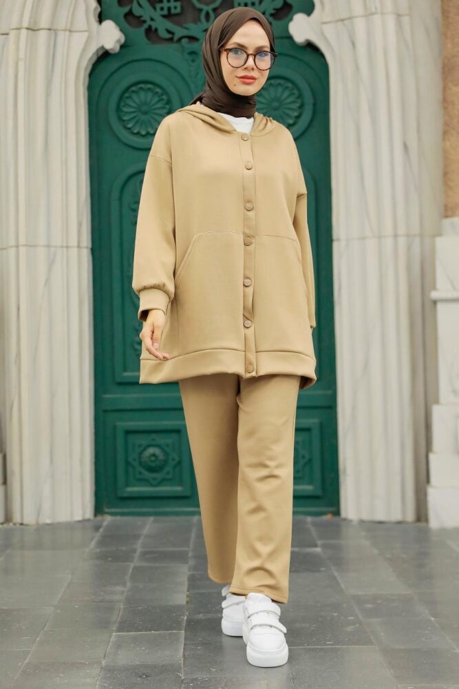 Neva Style - Kapşonlu Vizon Tesettür Scuba Krep İkili Takım 7690V - 2