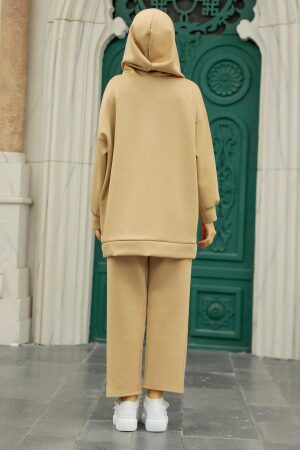 Neva Style - Kapşonlu Vizon Tesettür Scuba Krep İkili Takım 7690V - 3