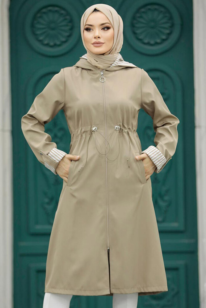 Neva Style - Kapşonlu Vizon Tesettür Trençkot 613V - 2