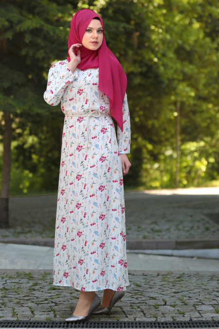 Neva Style - Karanfil Çiçekli Fuşya Tesettürlü Elbise 5354F