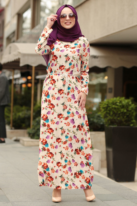 Neva Style - Karanfil Çiçekli Pudra Tesettürlü Elbise 5354PD