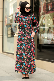 Neva Style - Karanfil Çiçekli Siyah Tesettürlü Elbise 5354S - Thumbnail