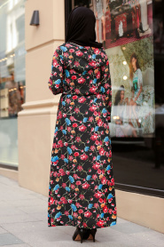 Neva Style - Karanfil Çiçekli Siyah Tesettürlü Elbise 5354S - Thumbnail