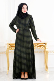 Neva Style - Kare Desenli Haki Elbise 40750HK - Thumbnail