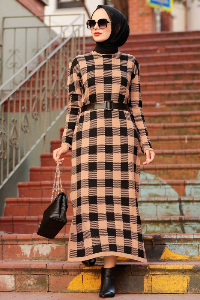 Neva Style - Kareli Bisküvi Tesettür Triko Elbise 3048BS - 1