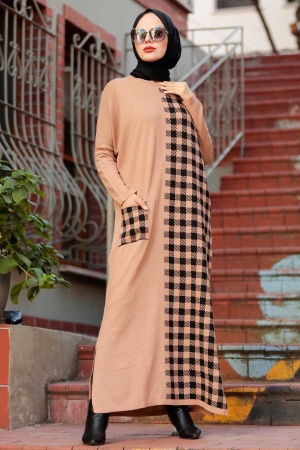 Neva Style - Kareli Bisküvi Tesettür Triko Elbise 30503BS - 1