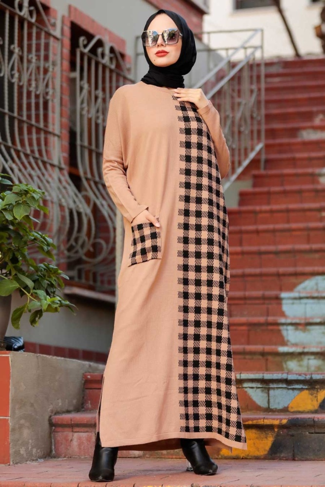 Neva Style - Kareli Bisküvi Tesettür Triko Elbise 30503BS - 1