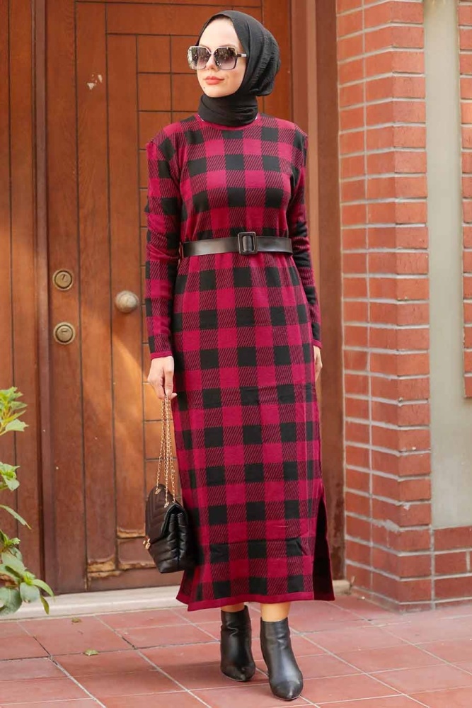 Neva Style - Kareli Bordo Tesettür Triko Elbise 3048BR - 1