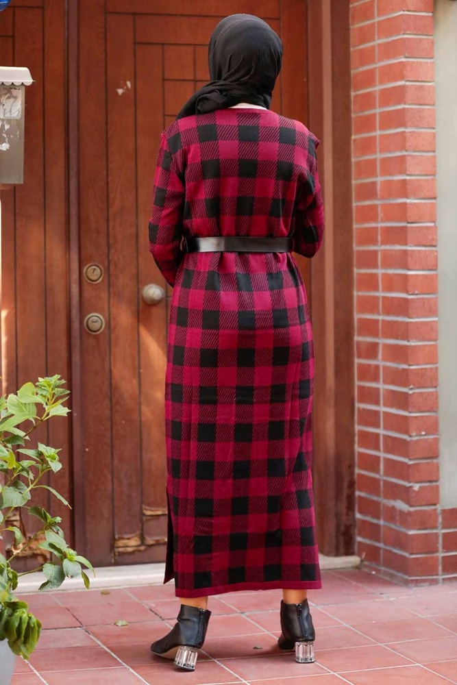 Neva Style - Kareli Bordo Tesettür Triko Elbise 3048BR - 2
