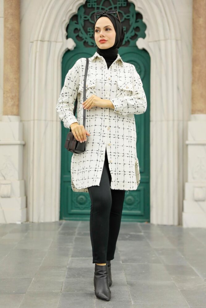 Neva Style - Kareli Ekru Tesettür Gömlek 12715E - 2