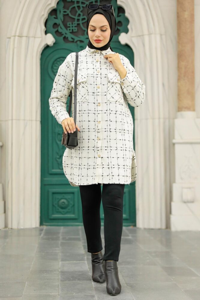 Neva Style - Kareli Ekru Tesettür Gömlek 12715E - 3