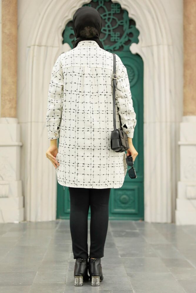 Neva Style - Kareli Ekru Tesettür Gömlek 12715E - 5