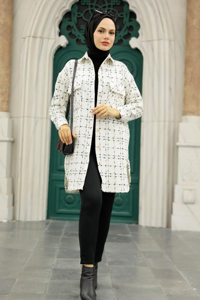 Neva Style - Kareli Ekru Tesettür Gömlek 12715E - 4