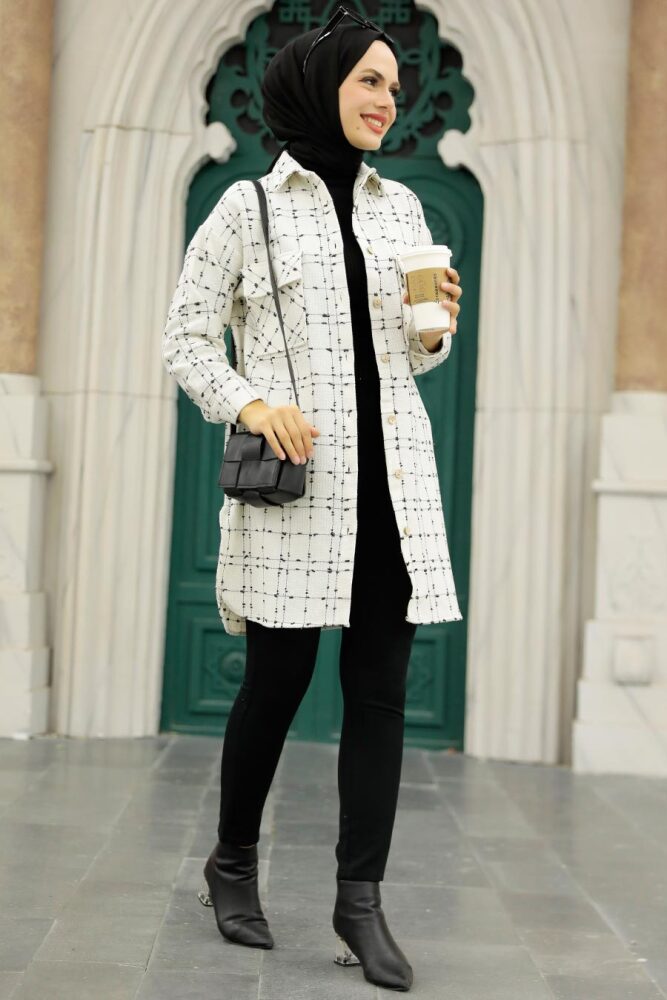 Neva Style - Kareli Ekru Tesettür Gömlek 12715E - 1