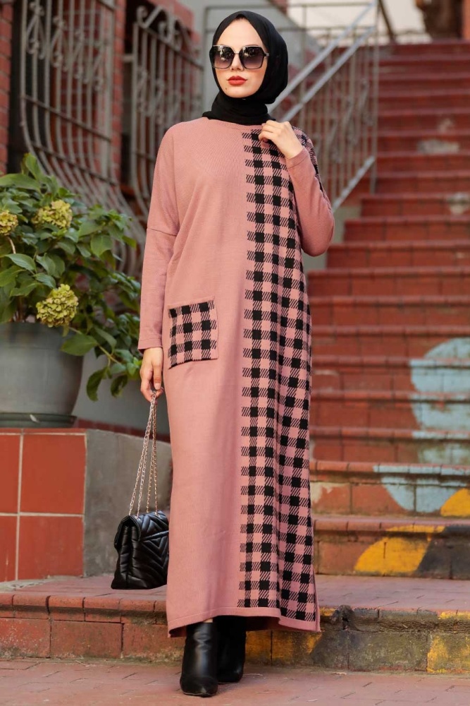 Neva Style - Kareli Gül Kurusu Tesettür Triko Elbise 30503GK - 1