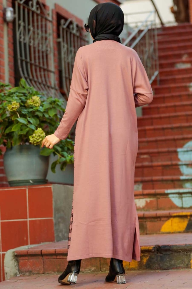 Neva Style - Kareli Gül Kurusu Tesettür Triko Elbise 30503GK - 2