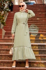 Neva Style - Kareli Haki Tesettür Elbise 33940HK - Thumbnail