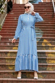 Neva Style - Kareli İndigo Mavisi Tesettür Elbise 33940IM - Thumbnail