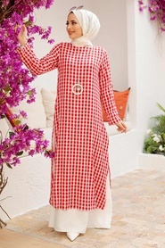 Neva Style - Kareli Kırmızı Tesettür Elbise 33930K - Thumbnail