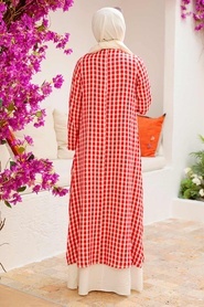 Neva Style - Kareli Kırmızı Tesettür Elbise 33930K - Thumbnail