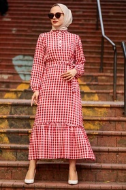 Neva Style - Kareli Kırmızı Tesettür Elbise 33940K - Thumbnail