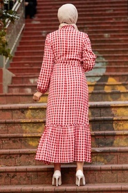 Neva Style - Kareli Kırmızı Tesettür Elbise 33940K - Thumbnail