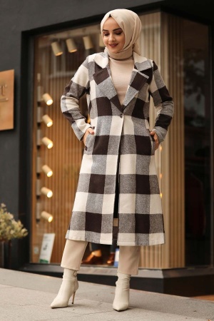 Neva Style - Kareli Koyu Kahverengi Tesettür Kap 55891KKH - 1