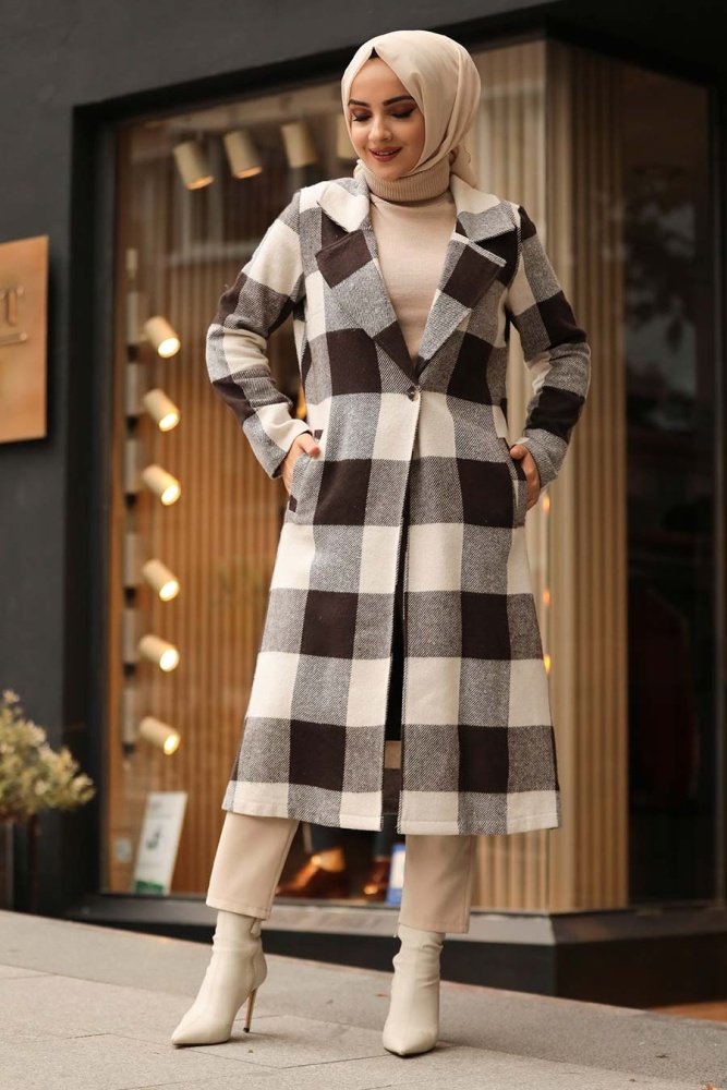 Neva Style - Kareli Koyu Kahverengi Tesettür Kap 55891KKH - 1