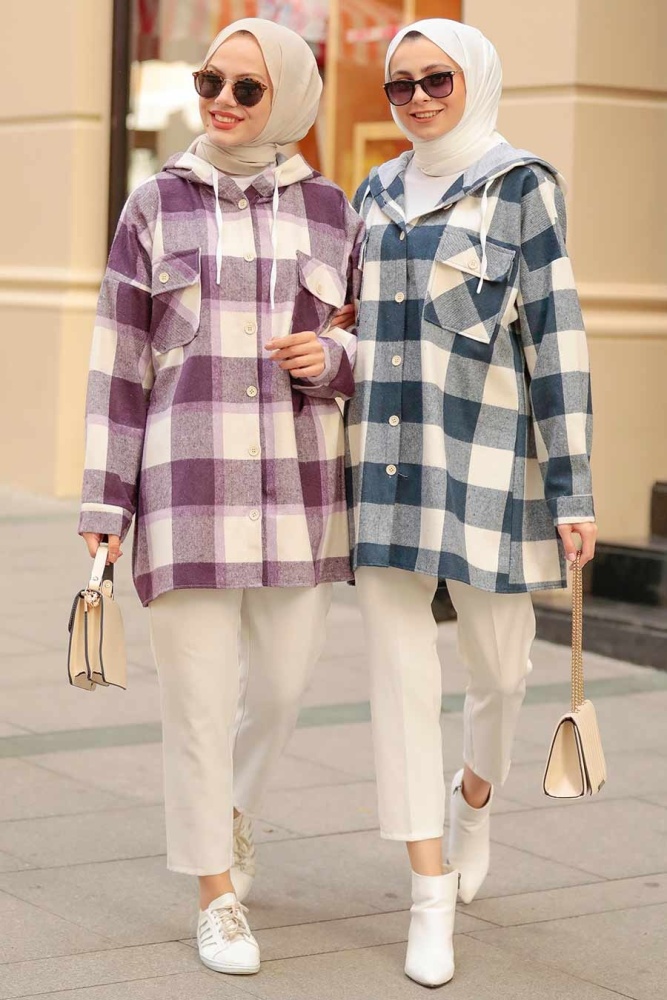 Neva Style - Kareli Lacivert Tesettür Gömlek 33791L - 3