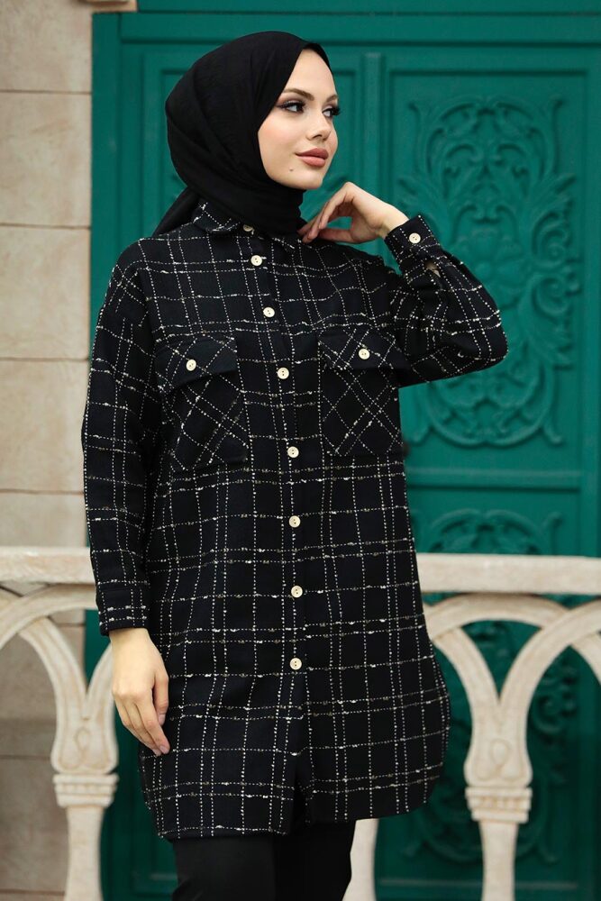 Neva Style - Kareli Siyah Bej Tesettür Gömlek 12715SBEJ - 2