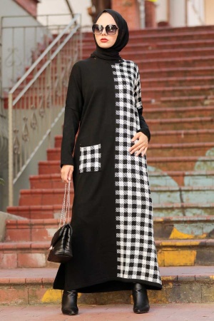 Neva Style - Kareli Siyah Tesettür Triko Elbise 30503S - 1