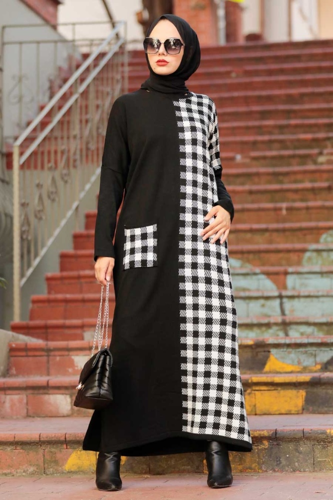 Neva Style - Kareli Siyah Tesettür Triko Elbise 30503S - 1