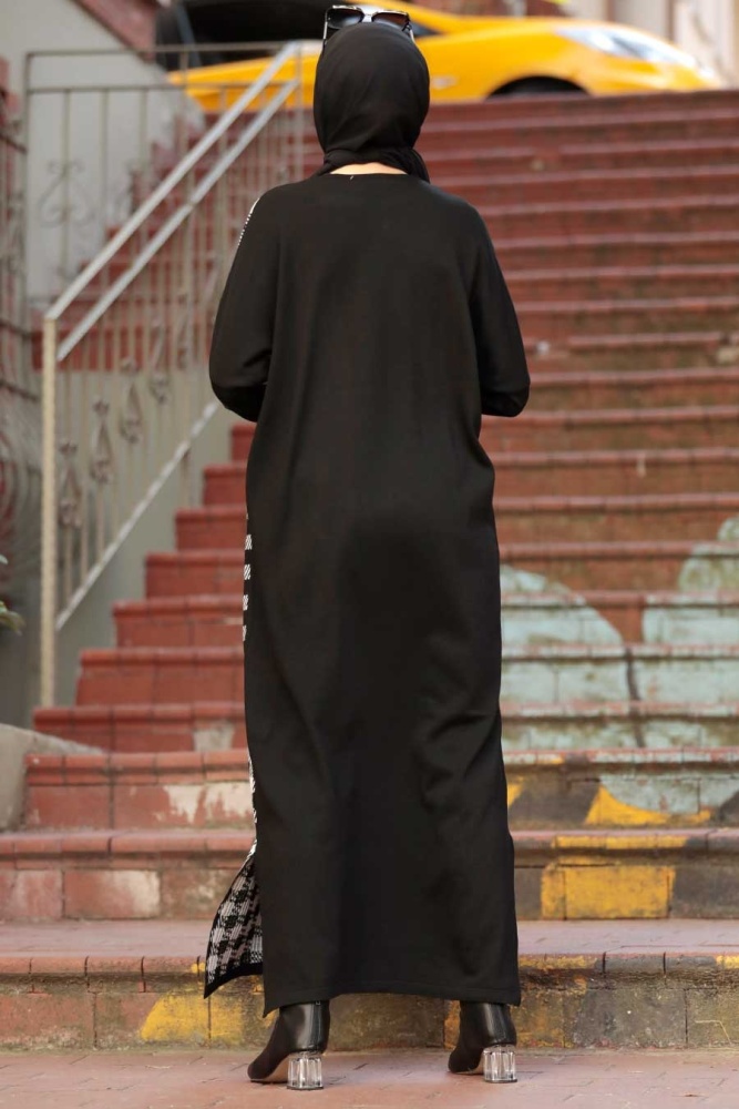 Neva Style - Kareli Siyah Tesettür Triko Elbise 30503S - 2