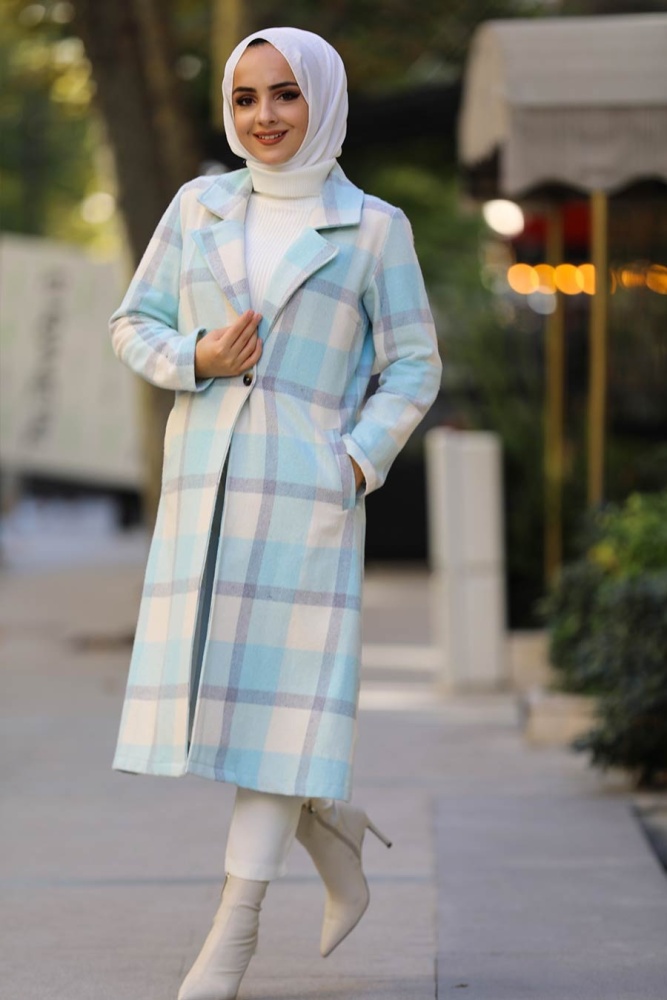 Neva Style - Kareli Turkuaz Tesettür Kap 55890TR - 1