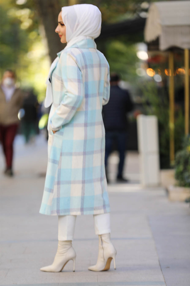 Neva Style - Kareli Turkuaz Tesettür Kap 55890TR - 3