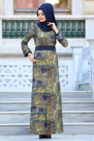 Neva Style - Karma Desenli Haki Tesettür Elbise 21810HK - 1