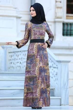 Neva Style - Karma Desenli Kahverengi Tesettür Elbise 21810KH - 1
